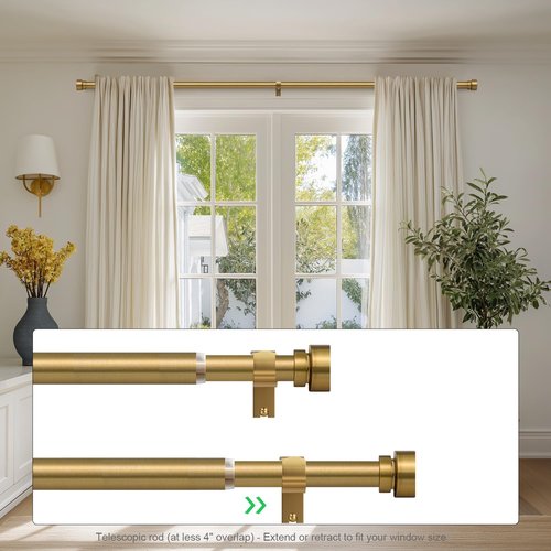 Lootkell Brass Gold Curtain Rods Set - Heavy Duty Adjustable 1" Diameter for Windows 66-120" | Stylish Metal Finials