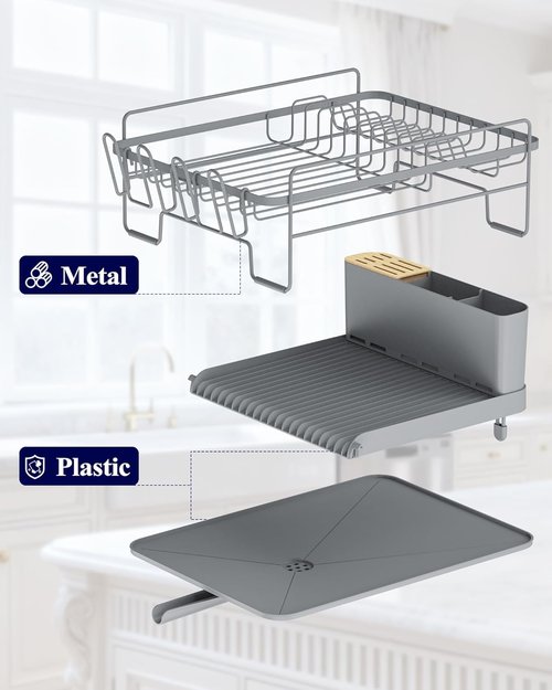 Kitsure Extendable Dish Drying Rack - Large Multifunctional Rack with Cutlery & Cup Holders | Grey, 18.2"-25.7" L x 12.9" W