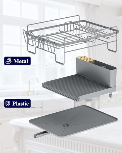 Kitsure Extendable Dish Drying Rack - Large Multifunctional Rack with Cutlery & Cup Holders | Grey, 18.2"-25.7" L x 12.9" W
