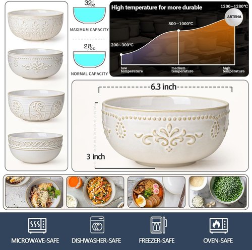 Artena Ceramic Soup Bowls Set of 4 - 32 OZ Embossed Ramen & Cereal Bowls | 6.3 Inch White Dinnerware