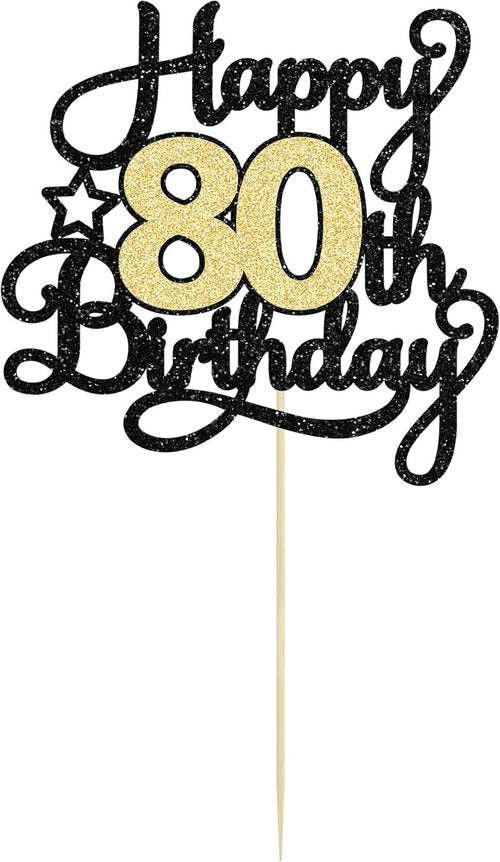 Happy 80th Birthday Cake Topper by [Brand Name] - Black Gold Glitter Design | Perfect for 80th Anniversary Celebrations