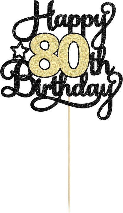 Happy 80th Birthday Cake Topper by [Brand Name] - Black Gold Glitter Design | Perfect for 80th Anniversary Celebrations