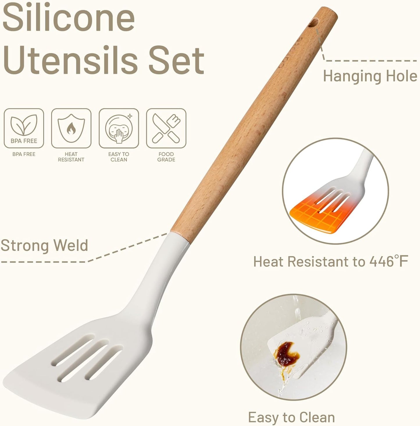 CAROTE Silicone Cooking Utensils Set - 10 Pcs BPA-Free Kitchen Tools with Heat-Resistant Wood Handles | Cream White