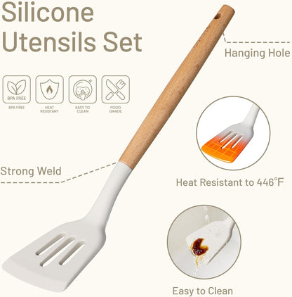 CAROTE Silicone Cooking Utensils Set - 10 Pcs BPA-Free Kitchen Tools with Heat-Resistant Wood Handles | Cream White