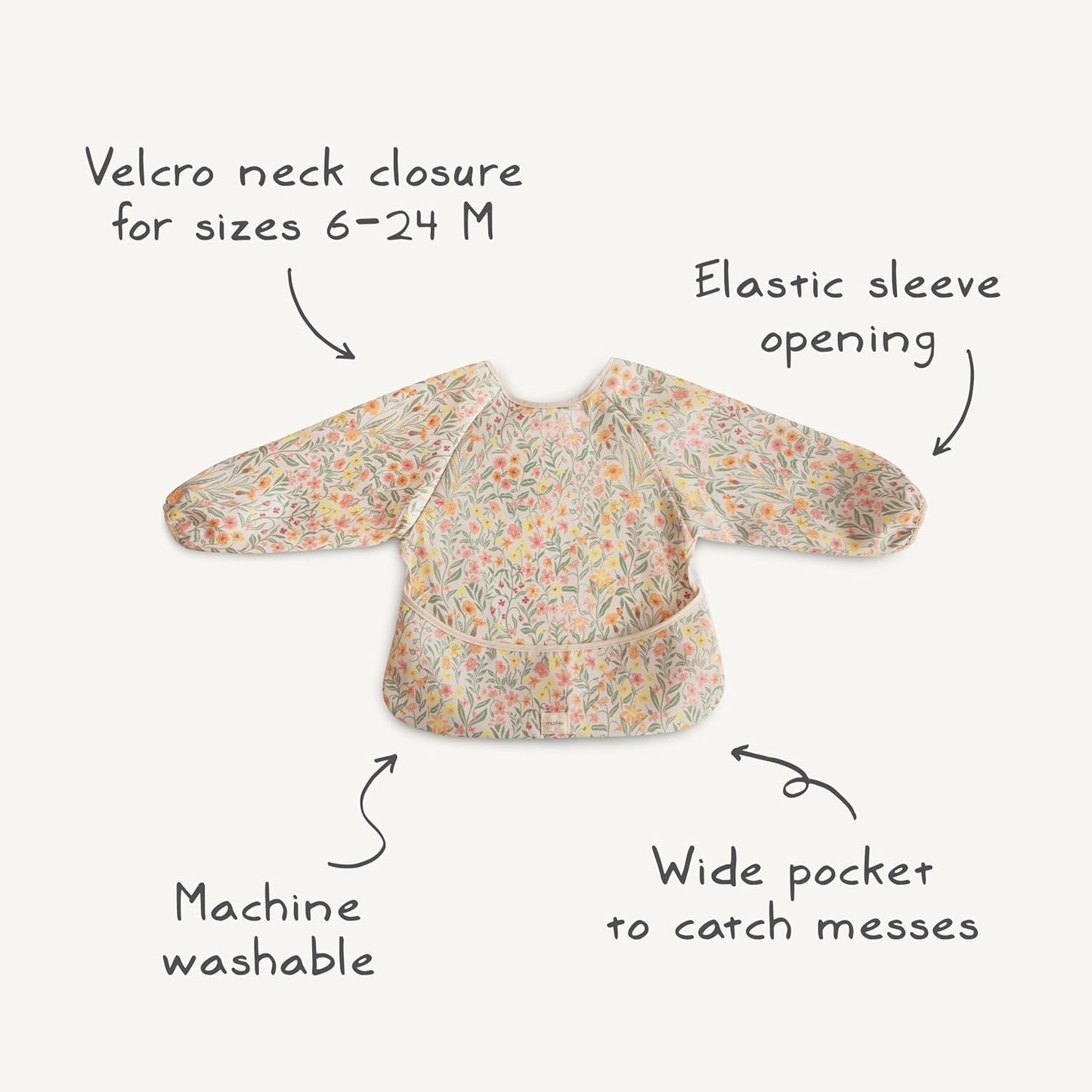 Mushie Long Sleeve Baby Bib - Water-Resistant & Adjustable Fit for 6-24 Months