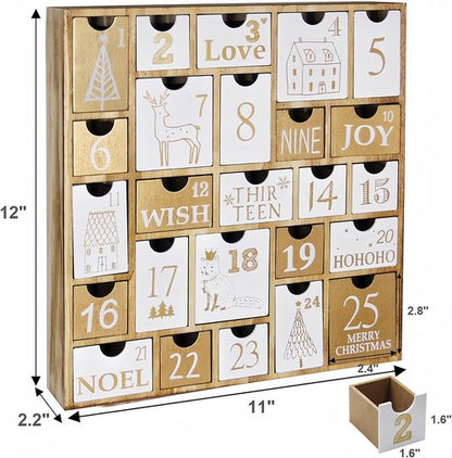 Juegoal Advent Calendar - 25 Refillable Wooden Drawers | Countdown to Christmas Gift for Kids - 12 Inches Tall