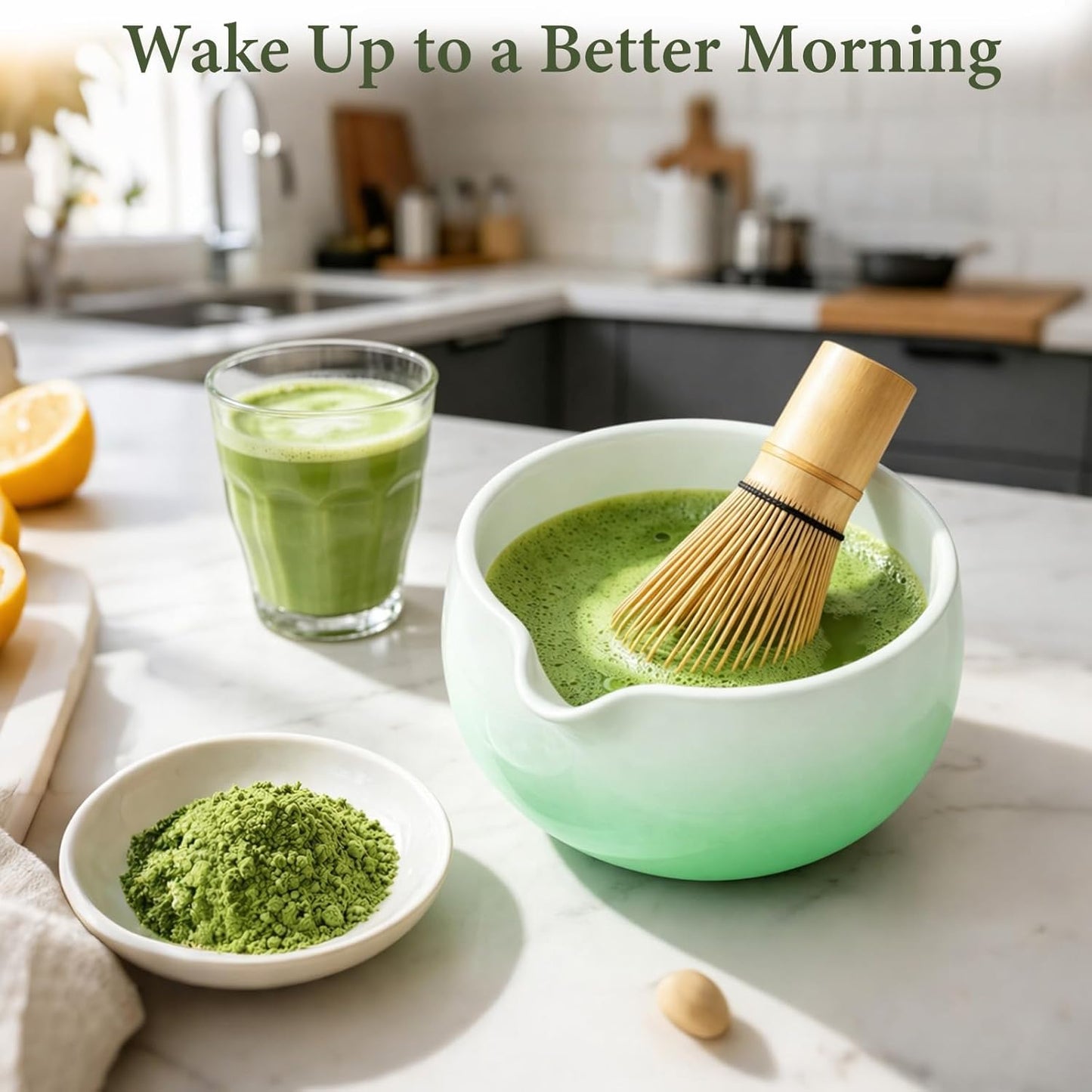 Skiennix Matcha Whisk Set - Complete 6PCS Ceramic Kit with Bowl, Bamboo Whisk, Scoop & Sifter - Green