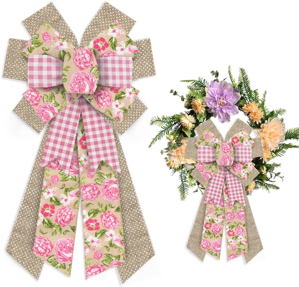 Skiennix Large Spring Wreath Bow - Pink Roses & Burlap Design for Indoor/Outdoor Decor