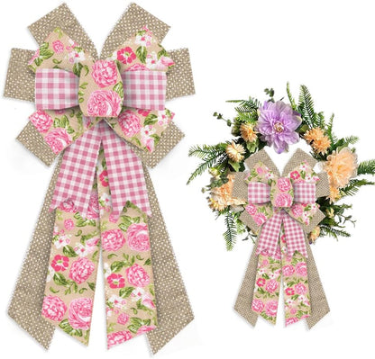 Skiennix Large Spring Wreath Bow - Pink Roses & Burlap Design for Indoor/Outdoor Decor