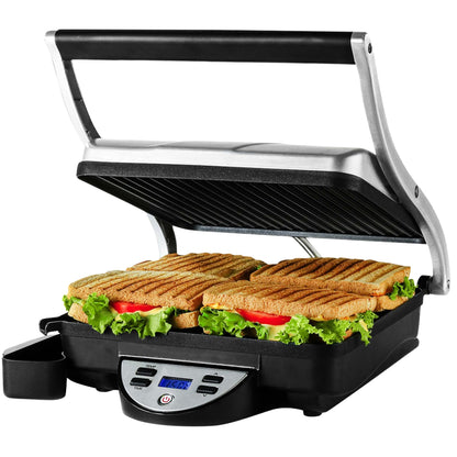 OVENTE Electric Panini Press Sandwich Maker, 1500W Indoor Grill with Nonstick Coated Plates, Digital Temperature and Timer Display, Removable Drip Tray, Perfect for 4-Slice Sandwiches, Silver GP1000BR