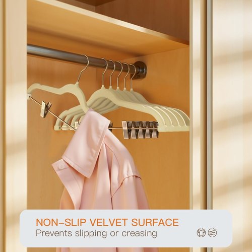 Flottian Velvet Pants Hangers - 24 Pack Adjustable Clips, Space-Saving Design, Non-Slip Beige Flocked Hangers