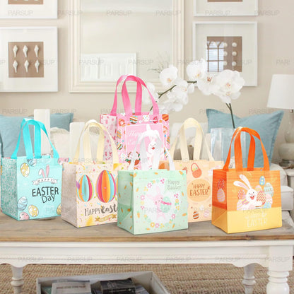 PARSUP 6PCS Happy Easter Bunny Carrot Chick Egg Hunt Gift Treat Multifunctional Non-Woven Bags with Handles,Easter Party Supplies for Gifts Wrapping, 8.3×7.9×5.9inch