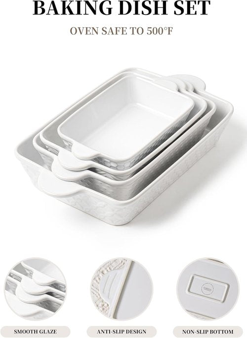 FOBENTA Casserole Dishes - Set of 4 Ceramic Bakeware with Handles | Rectangular Lasagna Pans for Kitchen & Gifts