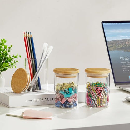 INIUNIK Qtip Holder Dispenser - Glass Apothecary Jars with Lids | Bamboo Bathroom Organizer Set