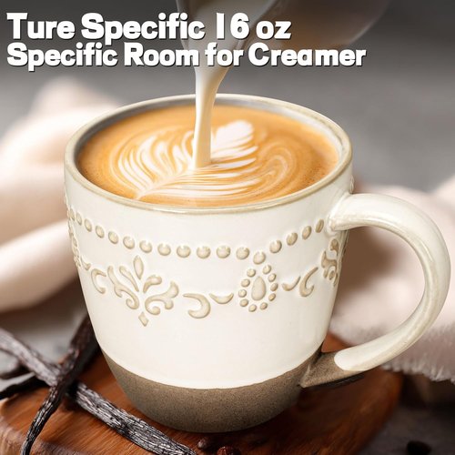 Artena Ceramic Coffee Mugs Set of 4 - 16oz Embossed Latte Cups | Dishwasher & Microwave Safe, White