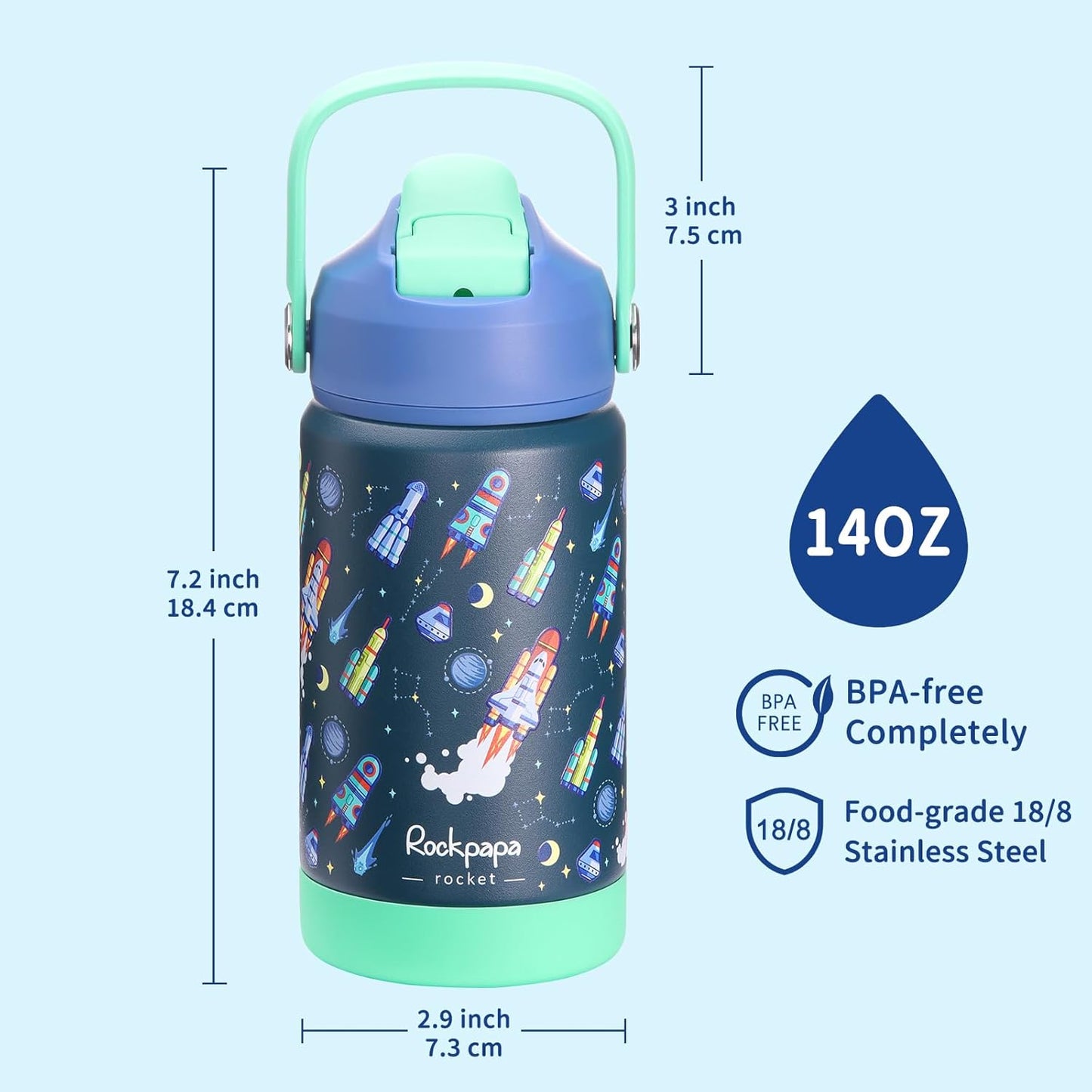 Rockpapa Kids Insulated Water Bottle - 14 oz Stainless Steel, BPA Free, Leak-Proof | Blue Rocket Design