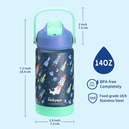 Rockpapa Kids Insulated Water Bottle - 14 oz Stainless Steel, BPA Free, Leak-Proof | Blue Rocket Design