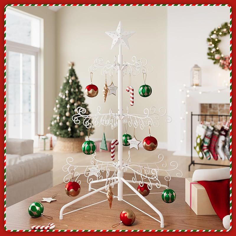 White 3 ft Christmas Ornament Display Stand Tree - Freestanding Iron Rack