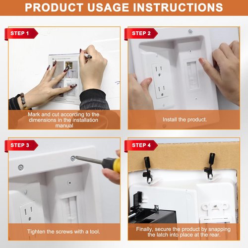 Naerza in Wall Cable Management Kit with Recessed Tv Outlet Box-Two-Hole Socket, 9ft Cord,Tv Cable Hider Wall Kit Hider Box Fits All Plugs, Easy, Safe Cable Management