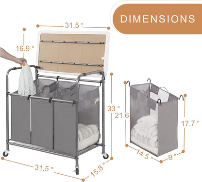 Storage Maniac 3-Section Laundry Sorter - Heavy-Duty Rolling Cart with Foldable Ironing Board | Dark Grey