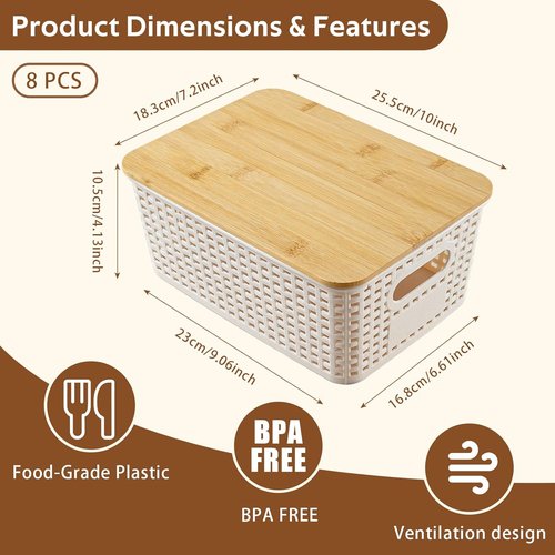 8 Pack Plastic Storage Bins by [Brand Name] - Stackable Baskets with Bamboo Lids for Pantry Organization