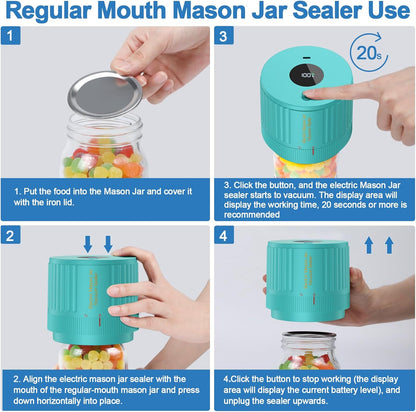 Skiennix Electric Mason Jar Vacuum Sealer Kit - Ideal for Wide & Regular Mouth Jars - Green