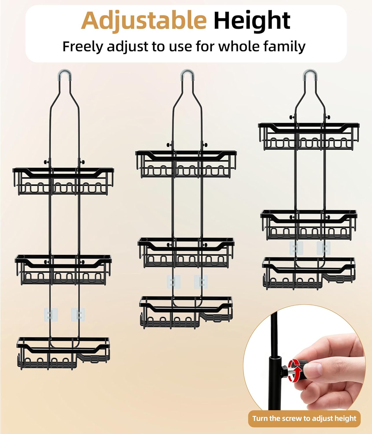 Skiennix Adjustable Shower Caddy - 3-Tier Over Shower Head Organizer with Soap Holder, Black