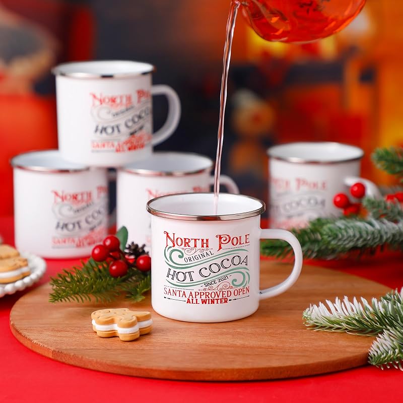 NORTH POLE 9 Pcs Enamel Mugs 12oz Coffee Cup with Handles - Christmas Set