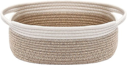 JMvicyroam Woven Basket - Small Rope Storage Bin with Handles for Organizing Shelves & Closets | White & Oatmeal