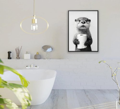 Framed Otter Wall Art - Black and White Funny Bathroom Decor | Unique Toilet Paper Design