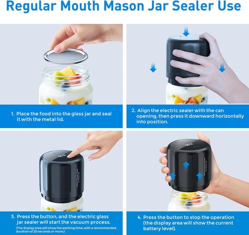 **Upgraded Auto Stop Electric Mason Jar Vacuum Sealer Kit - Fully Automatic for Wide & Regular Mouth Jars | Large Screen & Battery Level Display**
