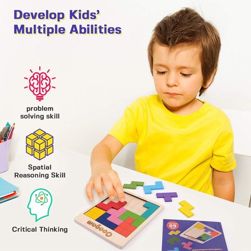 Coogam Wooden Puzzle Blocks - 3D Brain Teasers & Tangram Shapes | 60 Challenges for Kids & Adults