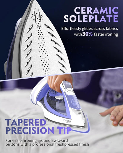 OMAIGA Cordless Steam Iron - 1550W Rapid Heating, Ceramic Soleplate, 3-Way Auto-Off | Purple, 12.85oz Tank