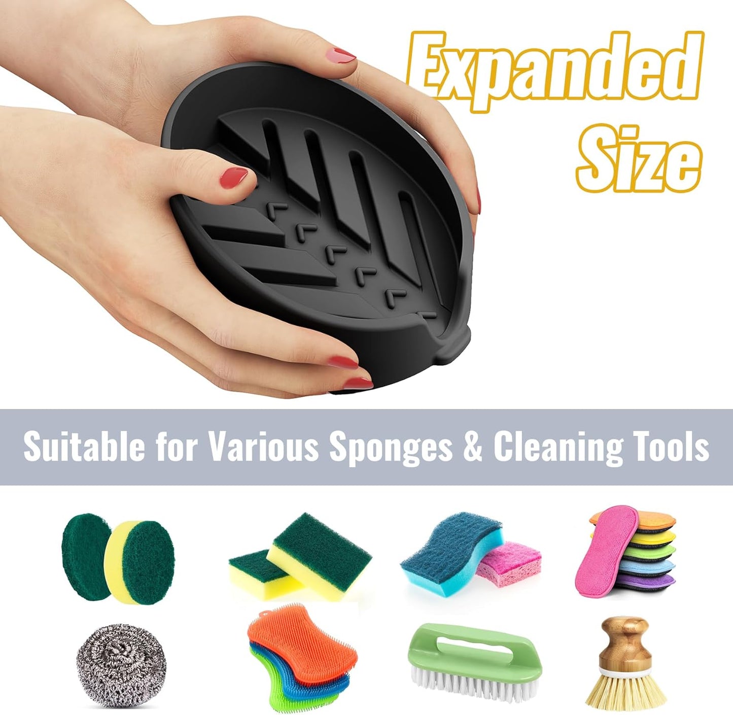 NiHome Silicone Sponge Holder - Auto Draining Organizer for Scrub Daddy & Cleaning Tools | Food-Grade, Dishwasher Safe (Black)