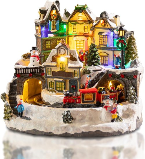 Christmas Village Houses - 10.6" Polyresin House with Moving Train, LED Lights & 8 Songs | Vintage Indoor Decoration