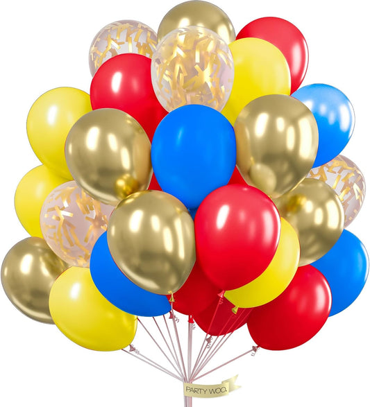 PartyWoo 100 Pcs 12-Inch Red, Yellow & Blue Latex Balloons - Perfect for Baby Showers & Birthday Celebrations
