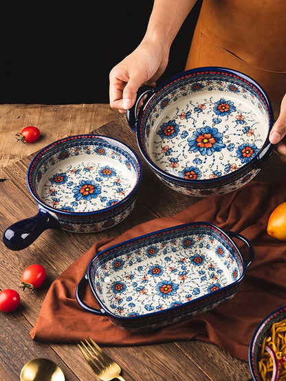 Skiennix Vintage Ceramic Bakeware Casserole Dish - 22 Oz Floral Design with Handles for Oven Cooking