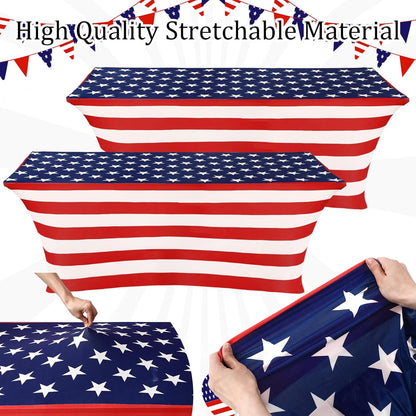 Oudain 2 Pcs Stretch Table Covers - Patriotic Red, White & Blue for 4th of July | 6 Feet Spandex Tablecloths