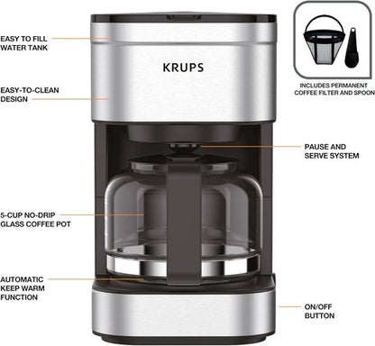 KRUPS Simply Brew Compact 5-Cup Coffee Maker - Stainless Steel, Pause & Brew, Keep Warm Feature