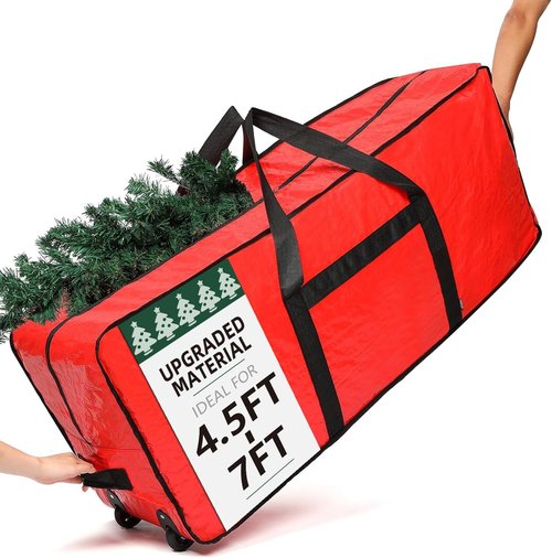 HOMEST Christmas Tree Storage Bag - Zippered, Reinforced Handles & Wheels for 4.5-7 ft Trees | Red
