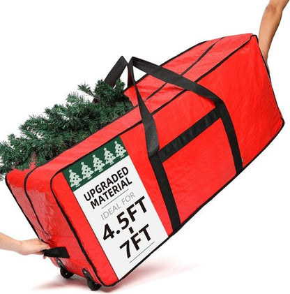 HOMEST Christmas Tree Storage Bag - Zippered, Reinforced Handles & Wheels for 4.5-7 ft Trees | Red