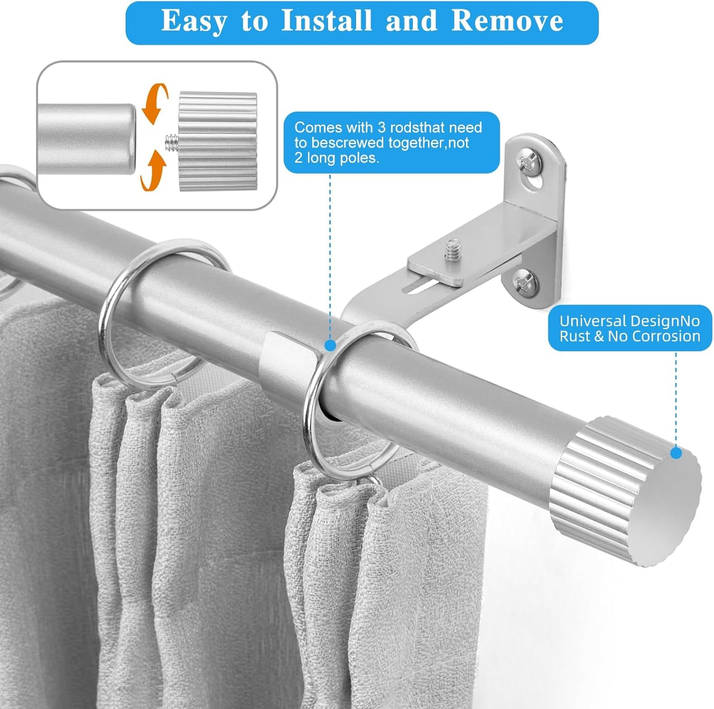 Regine Switzerland Curtain Rods - 1 Inch Diameter Drapery Rod with Cylindrical Finials | Silver, 16" to 48"