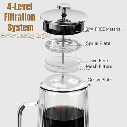 Skiennix Glass French Press Coffee Maker - 34oz Double Wall Borosilicate Glass | Stainless Steel Filtration for Coffee & Tea