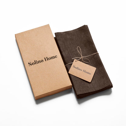 Solino Home Linen Cocktail Napkins 9 x 9 Inch – 100% Pure Linen Fabric Chambray Brown Cloth Napkins Set of 12 – Machine Washable Beverage Cocktail Napkins – Athena