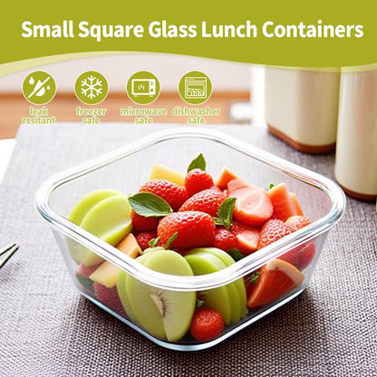 Skiennix 2-Cup Square Glass Food Storage Containers - Airtight, Leak-Proof, BPA-Free | 16oz Meal Prep Bowls