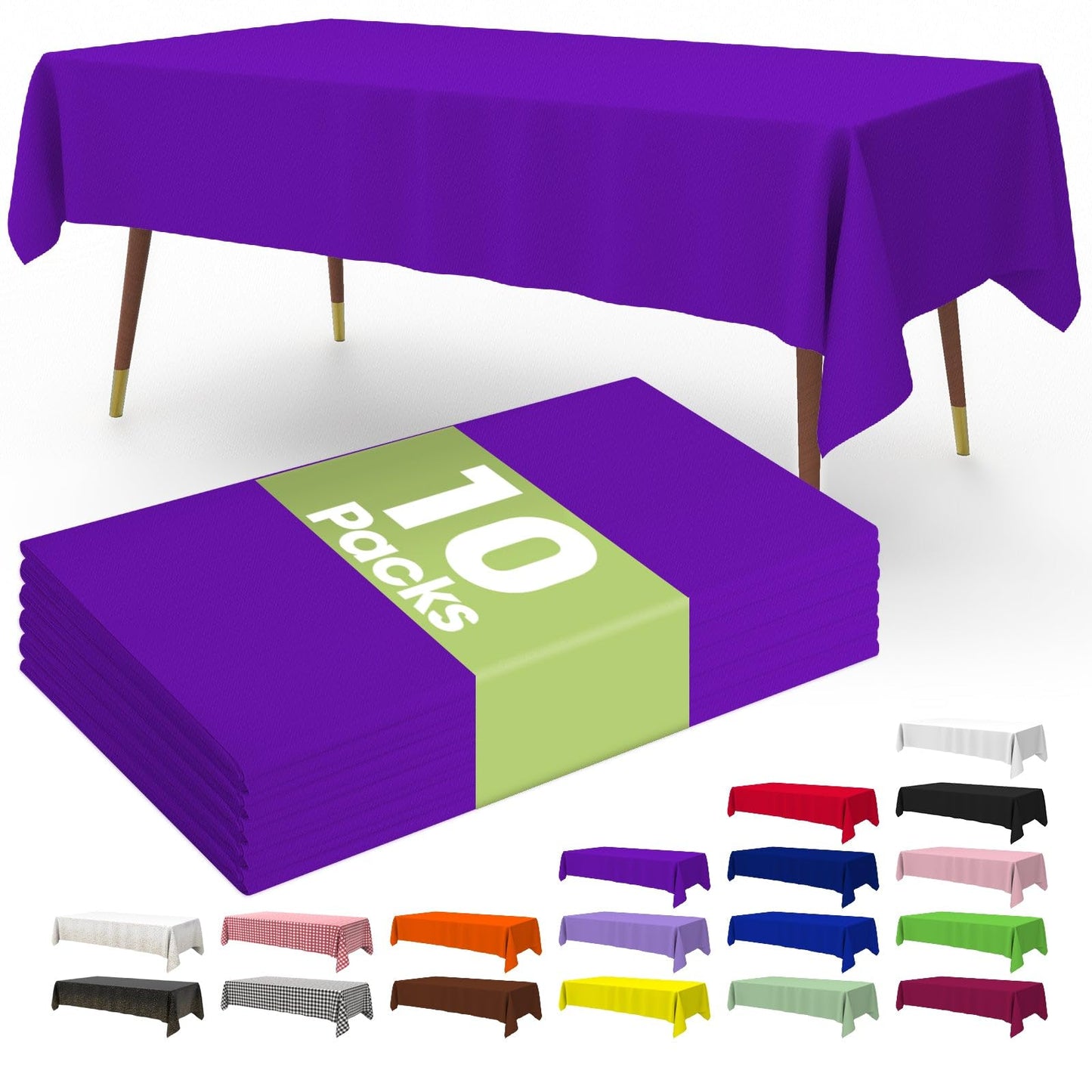 Pureegg Premium Disposable Table Cloth - 10 Pack, 54 x 108 Inch Table Cloths for Parties, Decorative Tablecloths for Rectangle Tables, Purple Plastic Table Cover, Leakproof & Sturdy, Purple