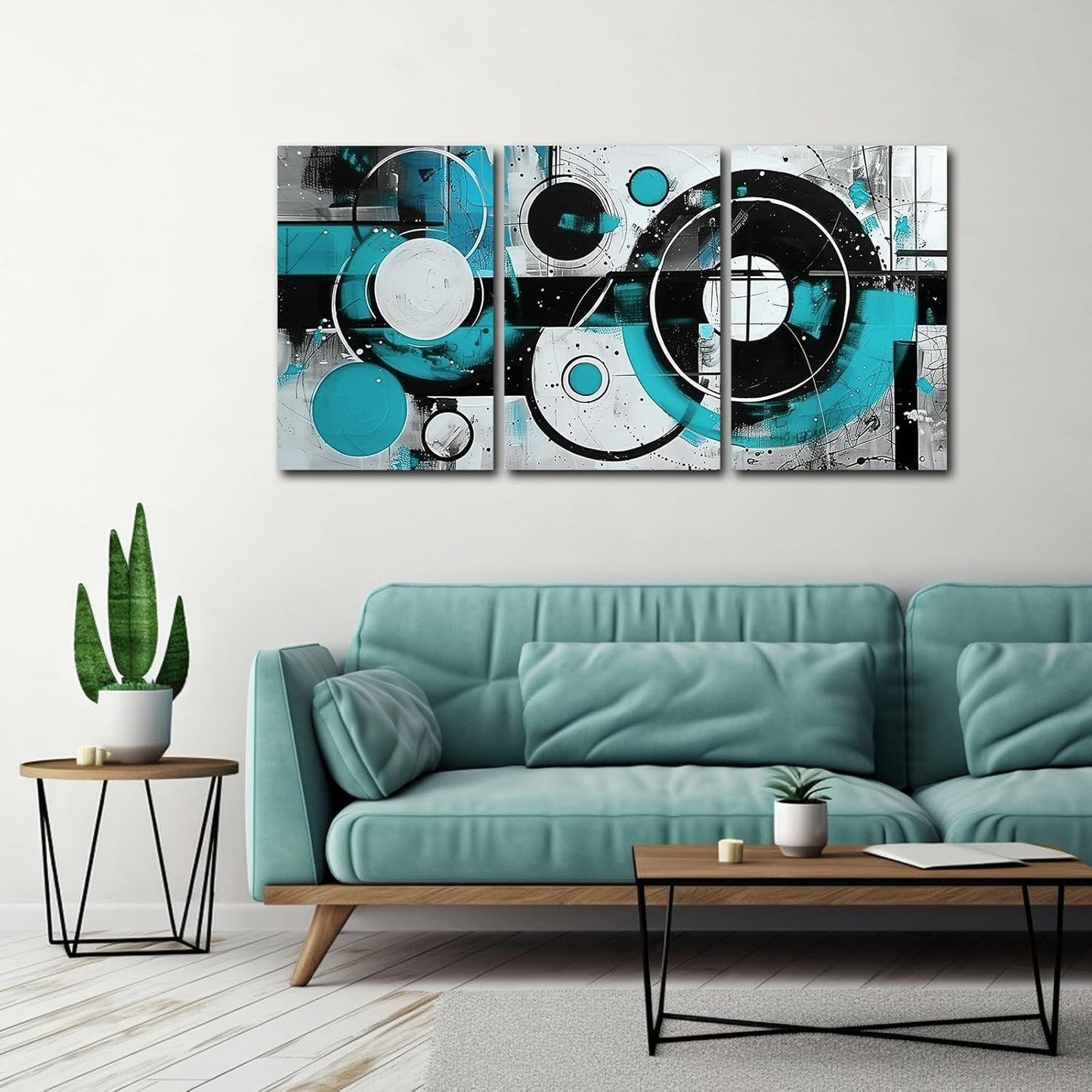 SWQYLB Teal Abstract Wall Art - Blue & Gray Geometric Canvas Print Set | Framed 12" x 16" x 3 Pieces for Home Decor