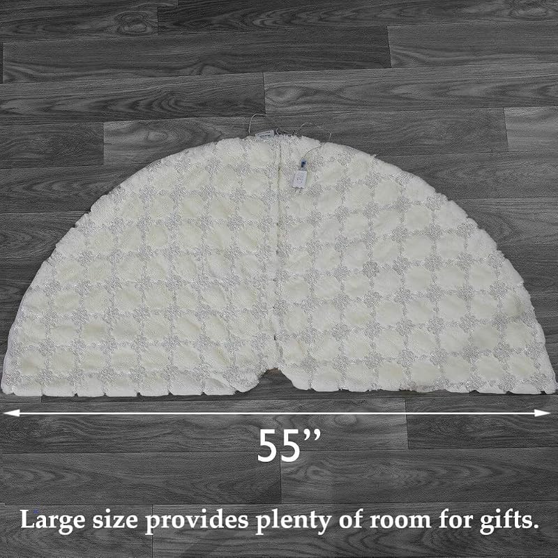 White 55 Inch Faux Fur Hatched Tree Skirt with Programmable LED Lights - Ivory