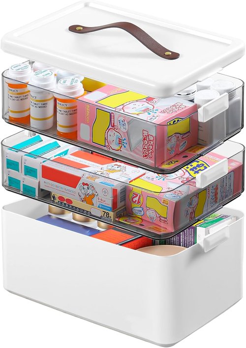 Homaigie Extra Tall 3-Tier Medicine Cabinet Organizer - Portable Storage Box with Leather Handle for Home & Travel