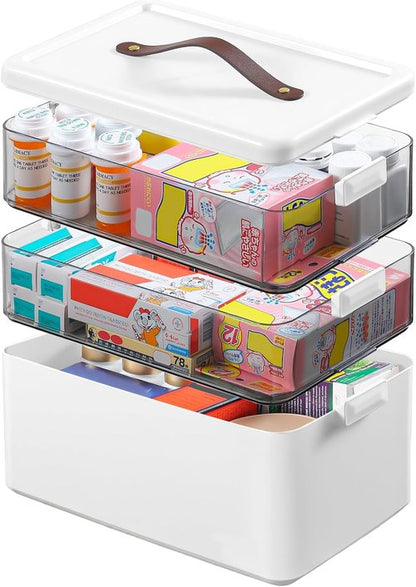 Homaigie Extra Tall 3-Tier Medicine Cabinet Organizer - Portable Storage Box with Leather Handle for Home & Travel